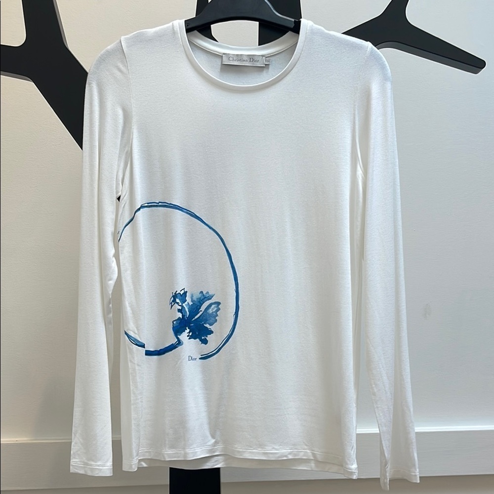 Dior White Long Sleeve Tee with Blue Graphic